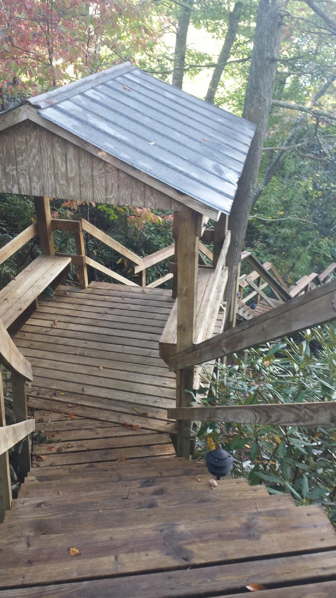 Metal roofed shelter over wooden steps on a wooded walkway — Skylight Repair & Installation work by our crew in Grindstone